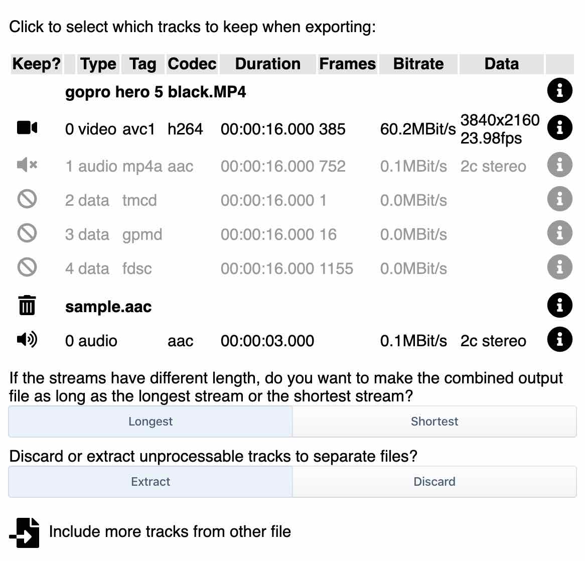 LosslessCut tracks panel showing multiple audio and video streams